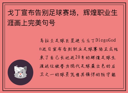 戈丁宣布告别足球赛场,辉煌职业生涯画上完美句号 戈丁宣布告别足球赛场,辉煌职业生涯画上完美句号