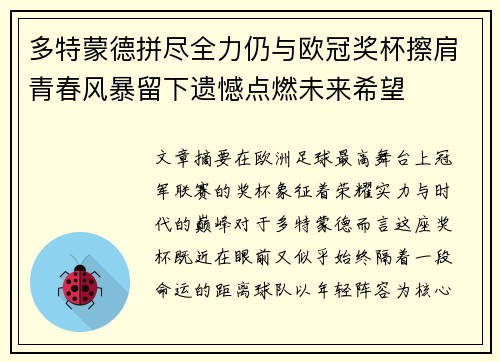 多特蒙德拼尽全力仍与欧冠奖杯擦肩青春风暴留下遗憾点燃未来希望