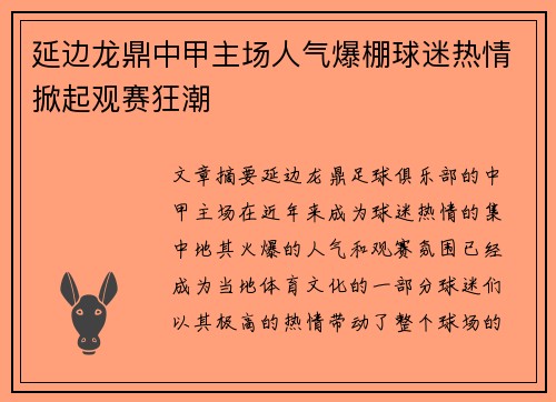 延边龙鼎中甲主场人气爆棚球迷热情掀起观赛狂潮